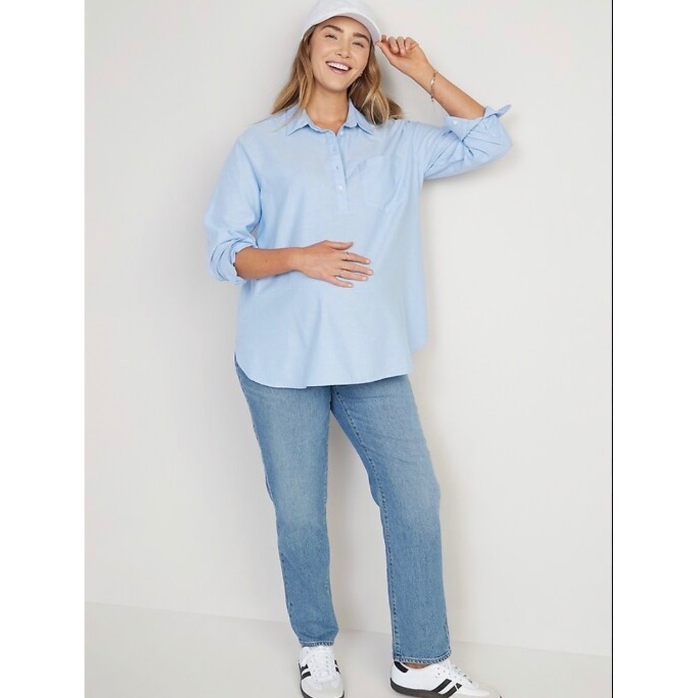Old Navy Maternity Oxford Boyfriend Popover Shirt Light Blue XXL Cotton